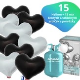 Helium set IBREX srdce stříbrné a černé 15 ks - balónky s dobou létání 30 dní