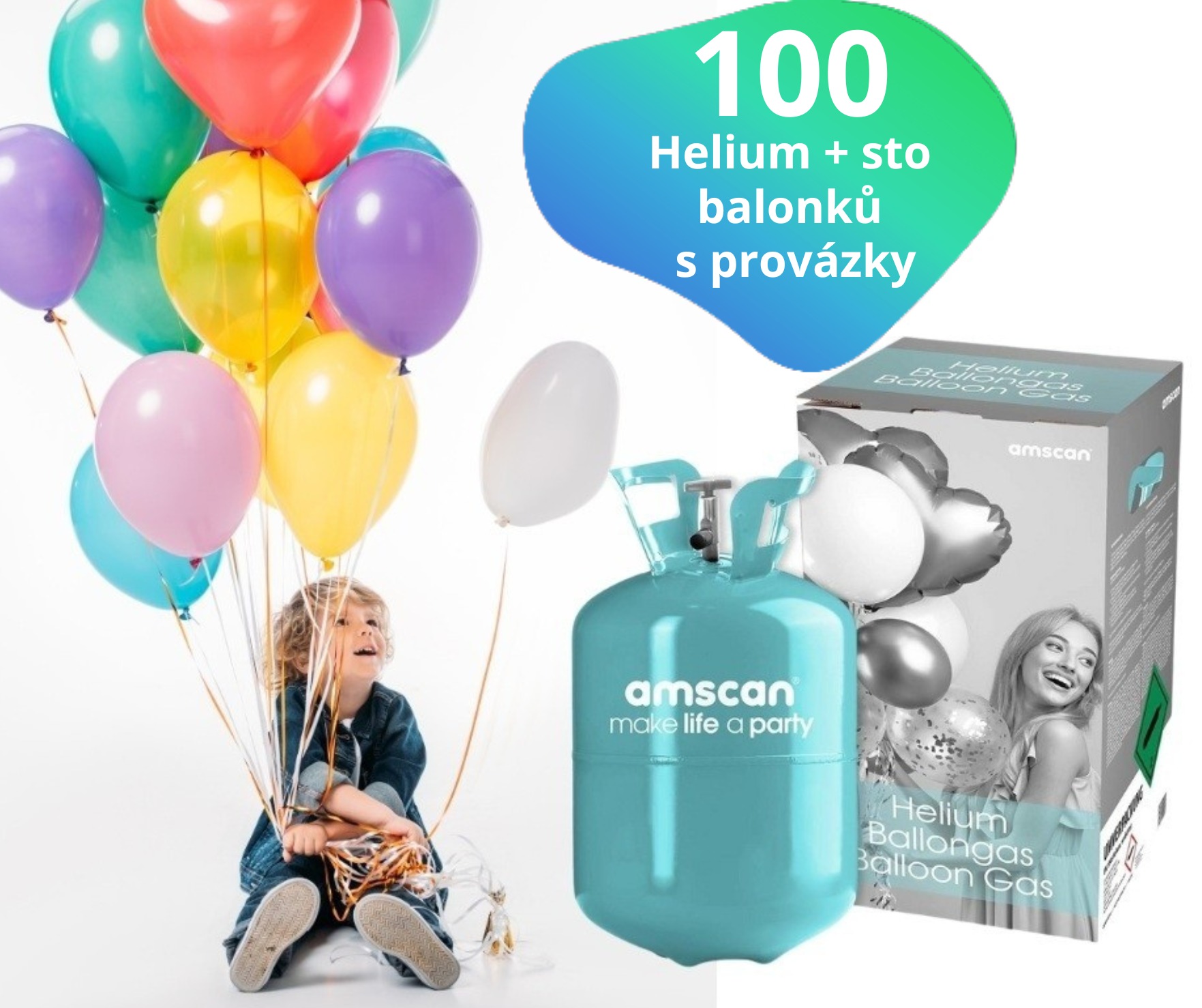 Helium set - 100 ks barevných balonků a helium 