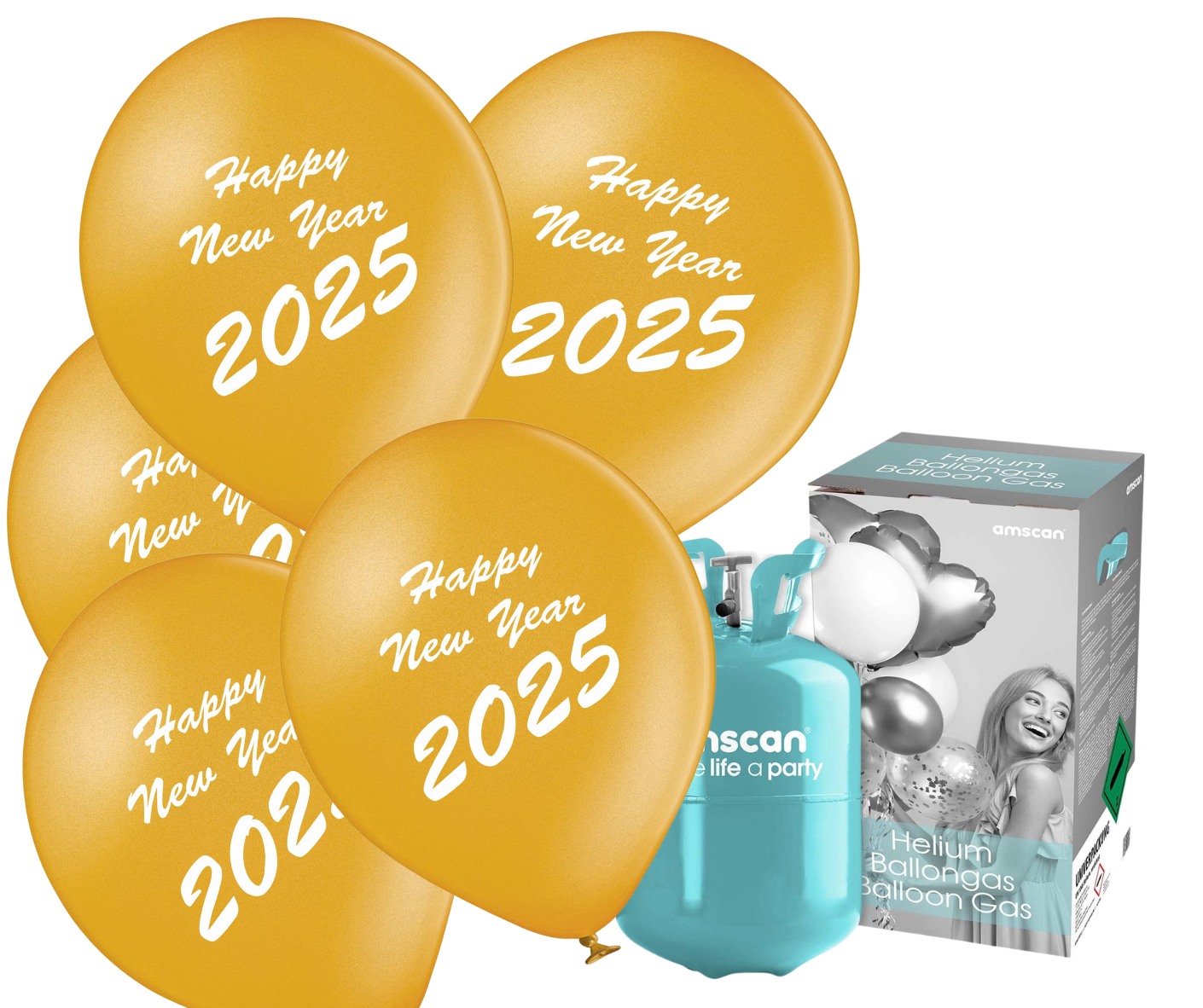 Helium + silvestrovské balónky Happy New Year 2025 zlaté 25 ks