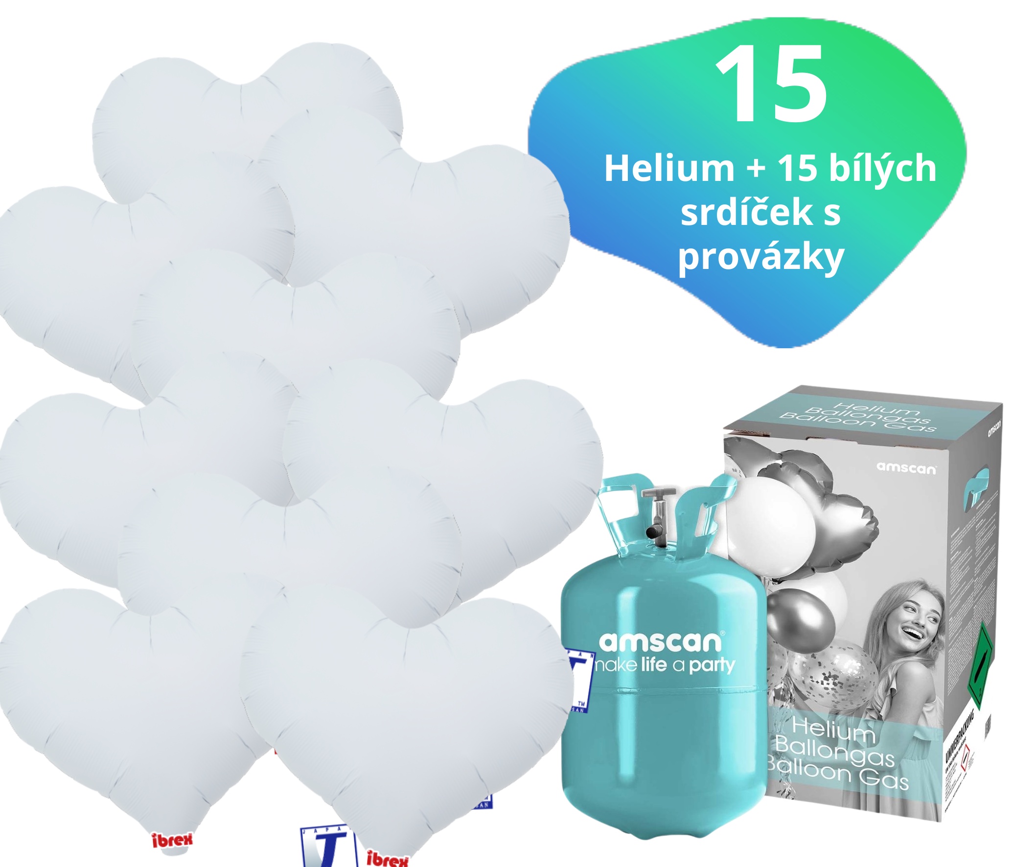 Helium set IBREX srdce bílé 15 ks - balónky s dobou létání 30 dní