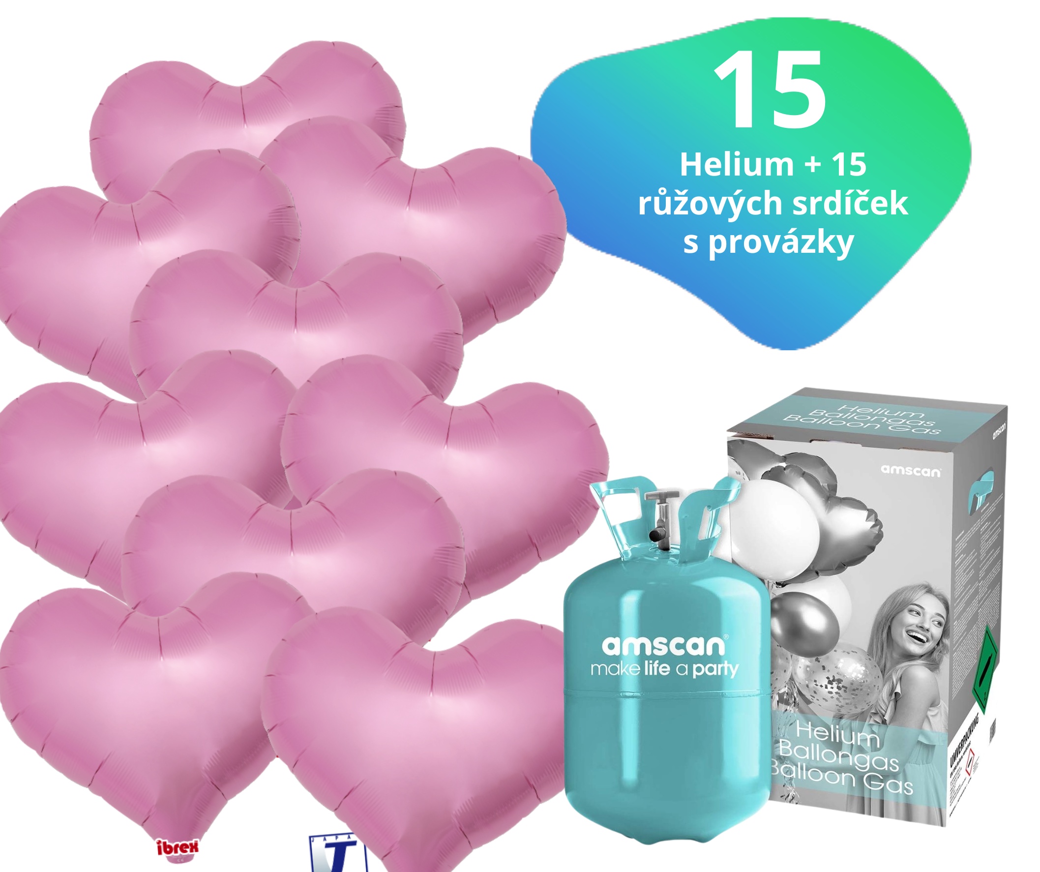 Helium set IBREX srdce růžové 15 ks - balónky s dobou létání 30 dní