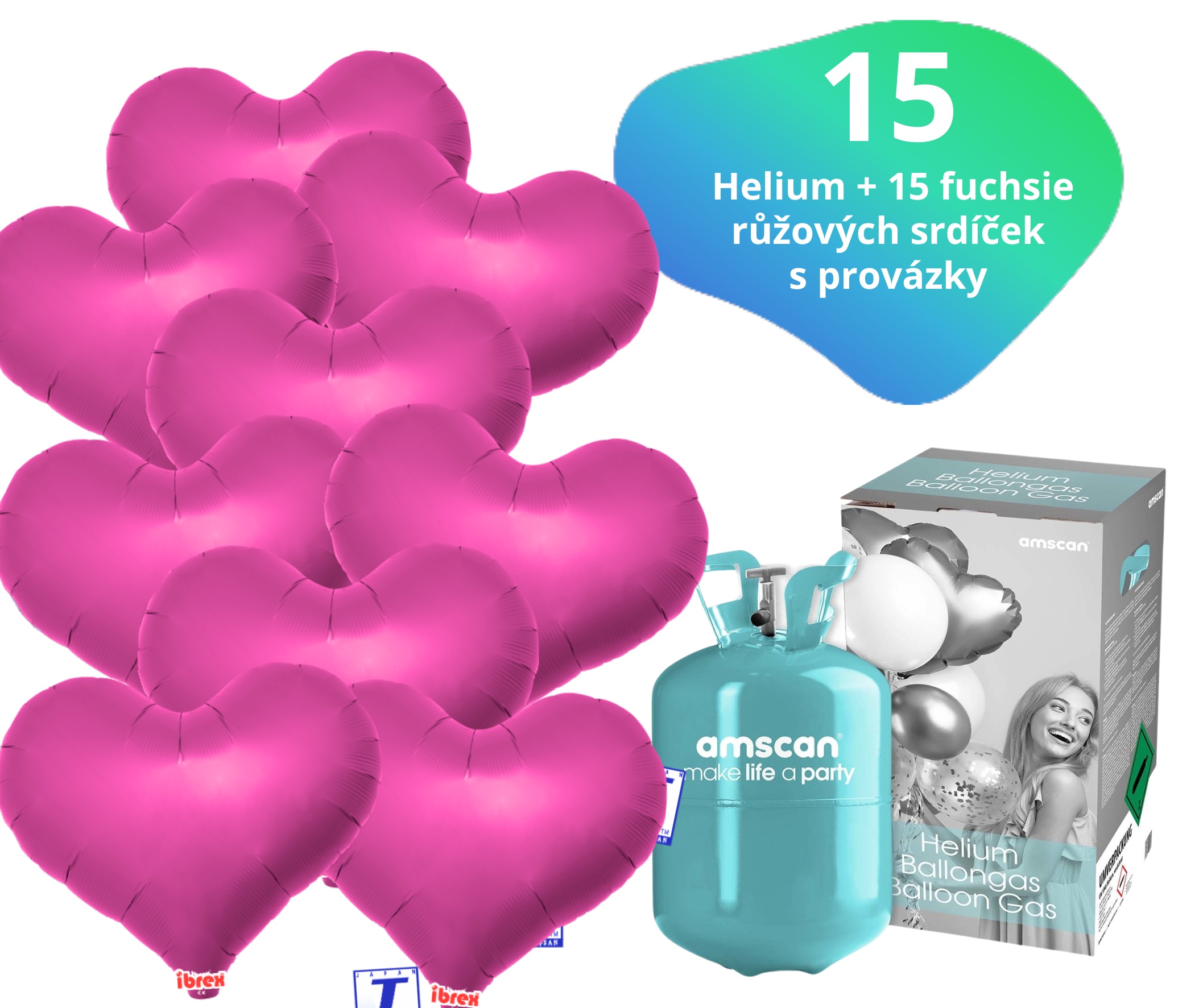 Helium set IBREX srdce tmavěrůžové 15 ks - balónky s dobou létání 30 dní