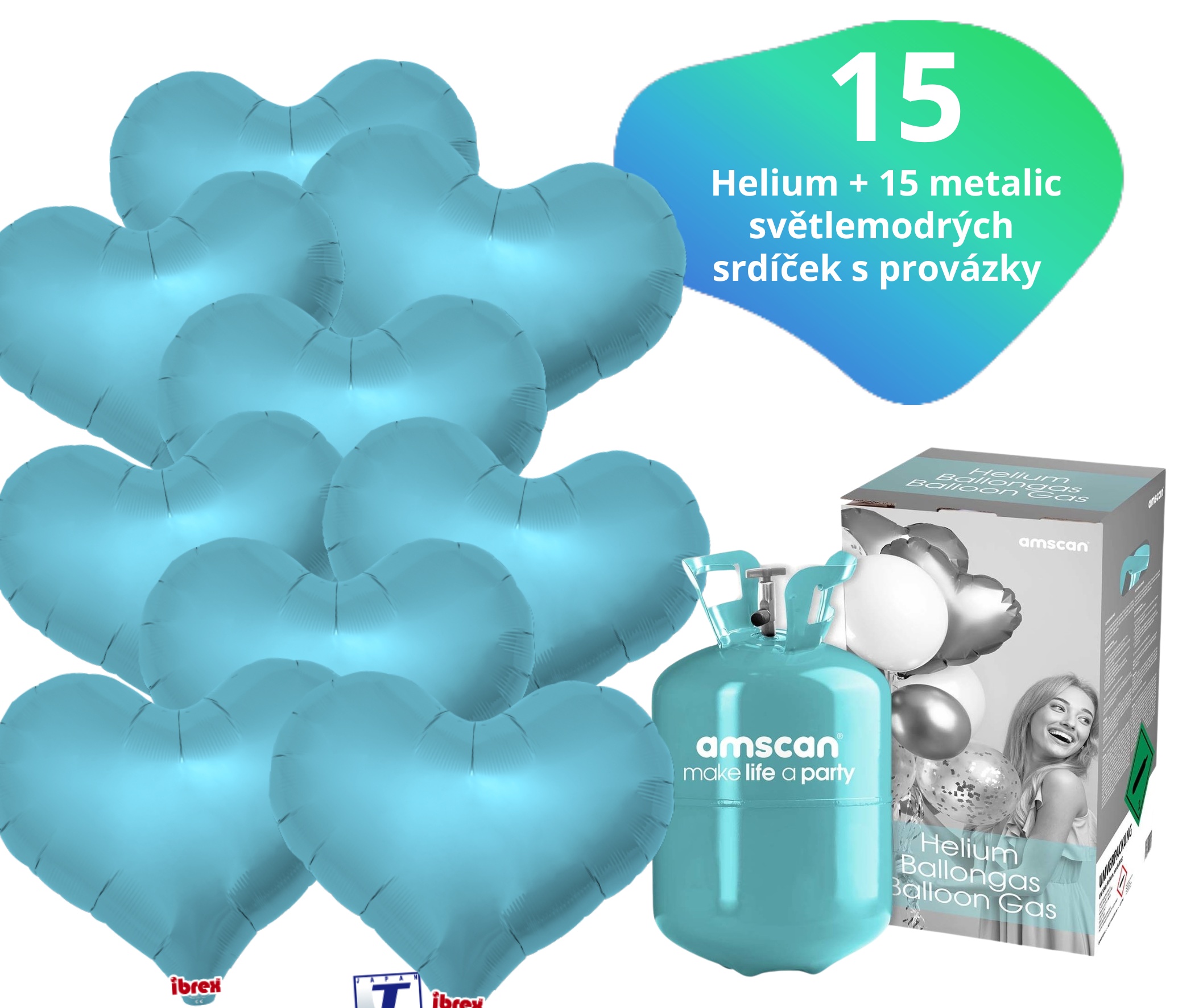 Helium set IBREX srdce modré 15 ks - balónky s dobou létání 30 dní