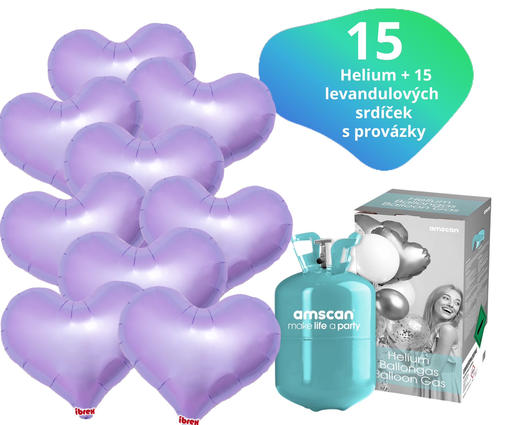 Helium set IBREX srdce levandulové 15 ks - balónky s dobou létání 30 dní