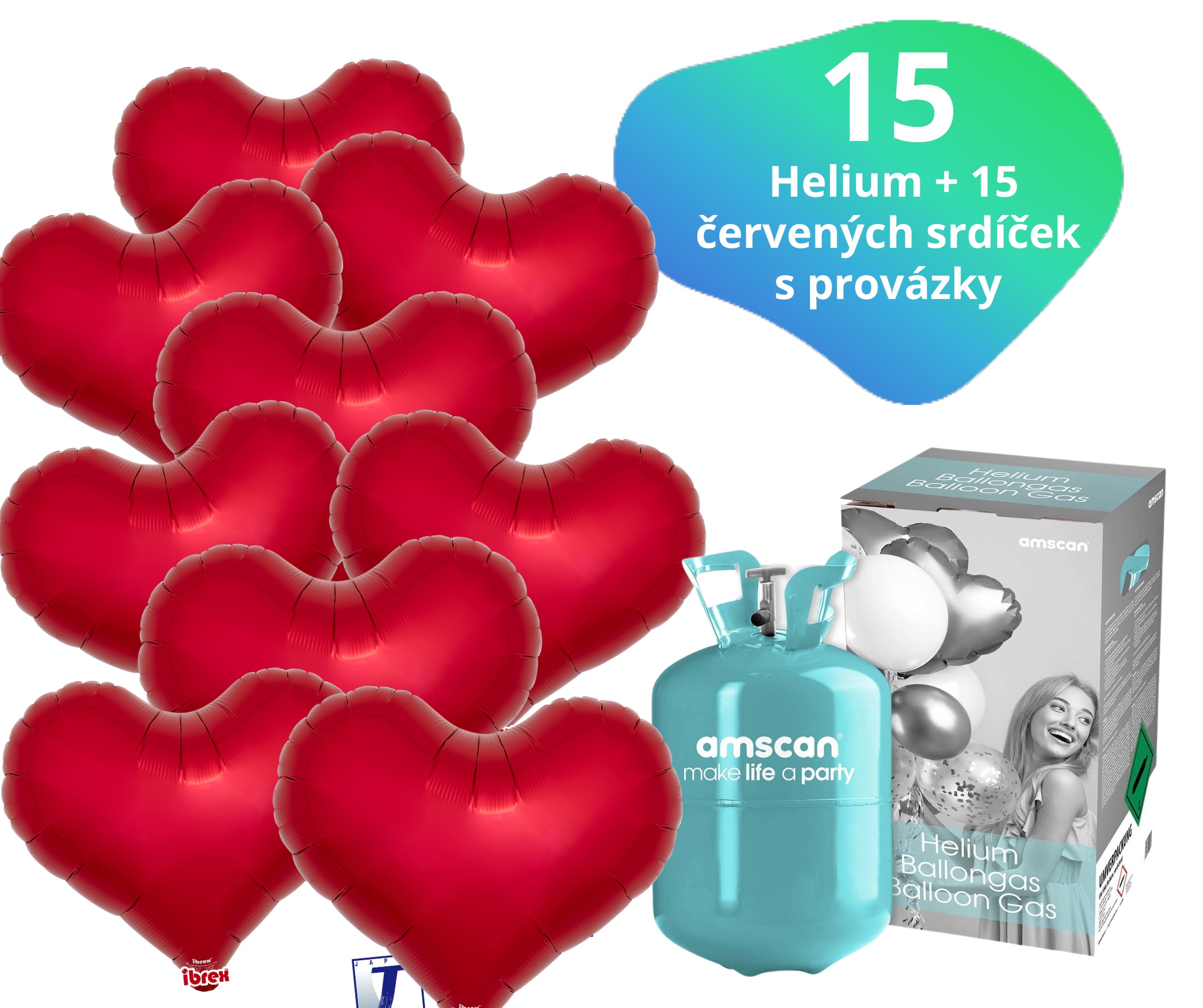 Helium set IBREX srdce červené 15 ks - balónky s dobou létání 30 dní