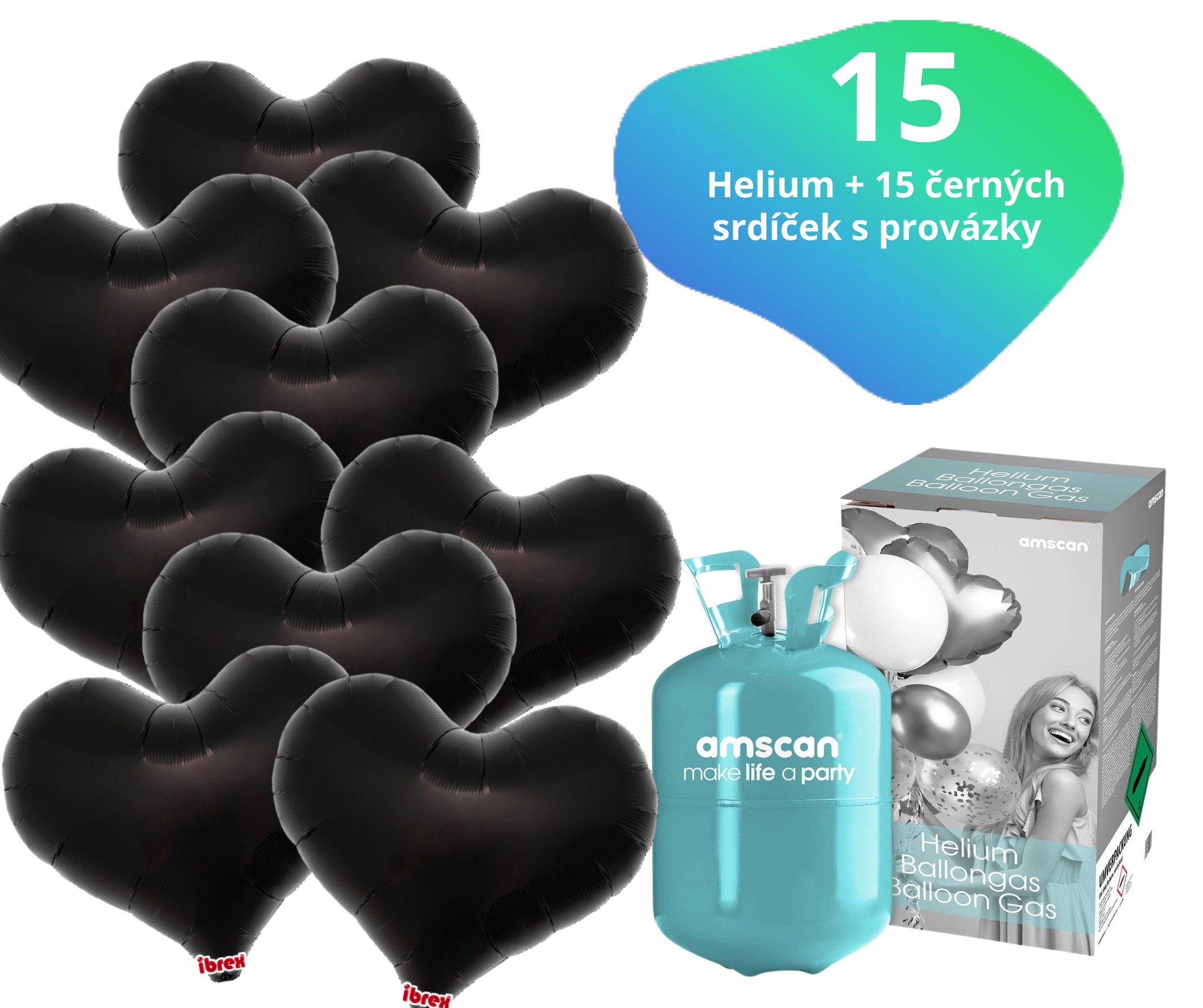 Helium set IBREX srdce černé 15 ks - balónky s dobou létání 30 dní