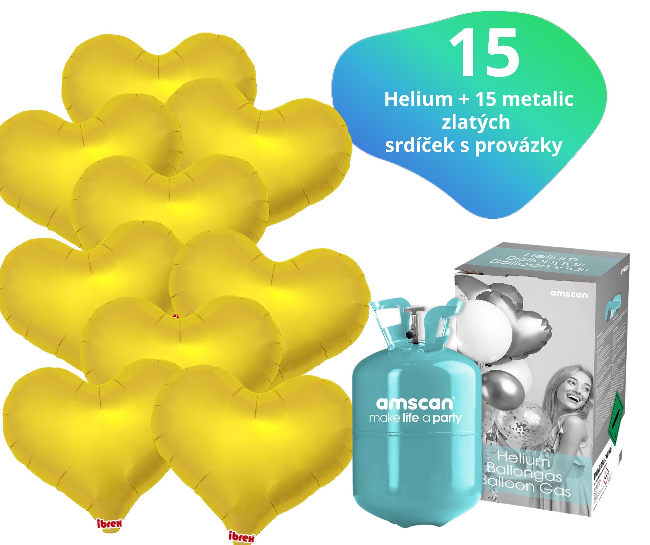 Helium set IBREX srdce zlaté 15 ks - balónky s dobou létání 30 dní