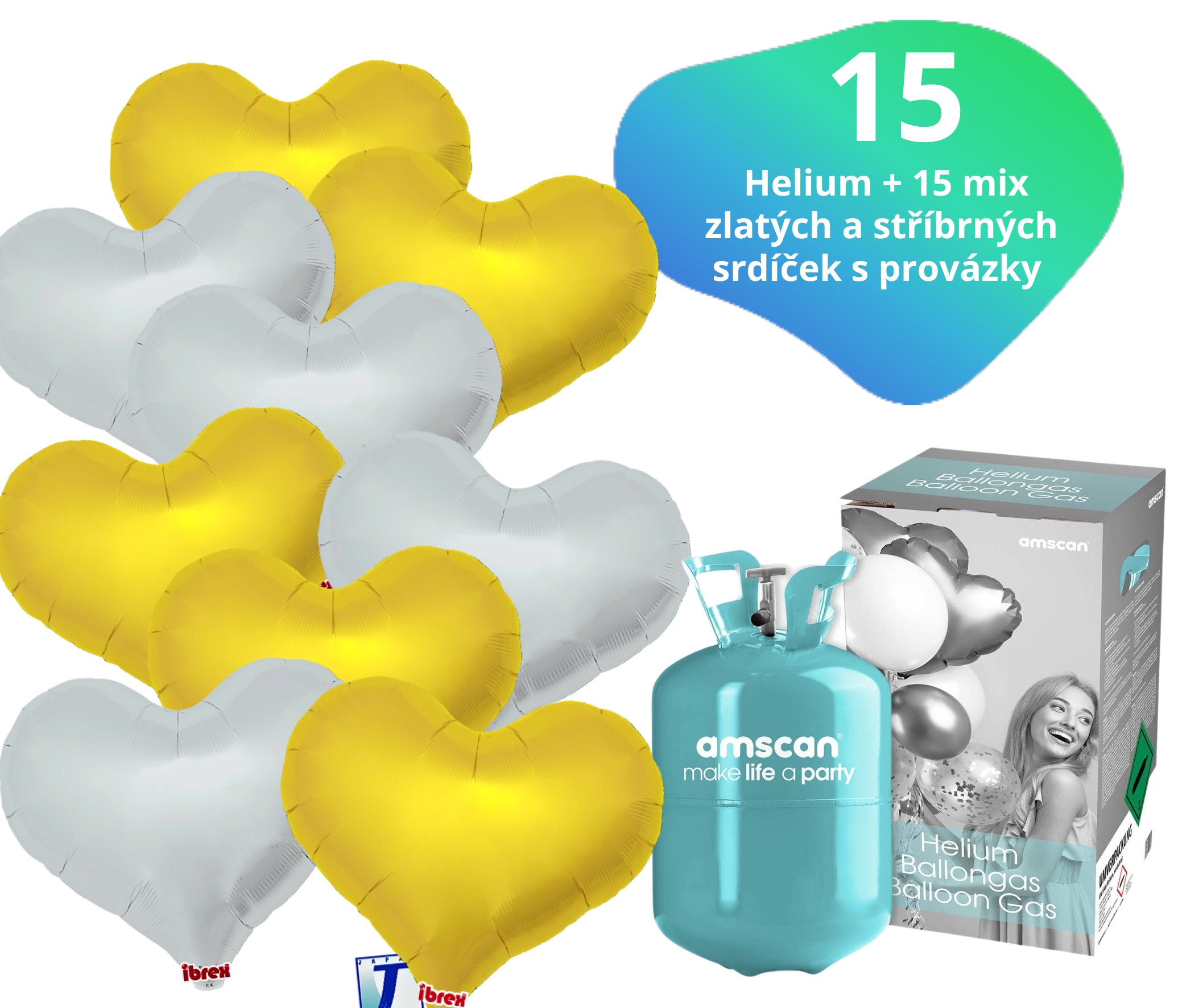 Helium set IBREX srdce zlaté a stříbrné 15 ks - balónky s dobou létání 30 dní