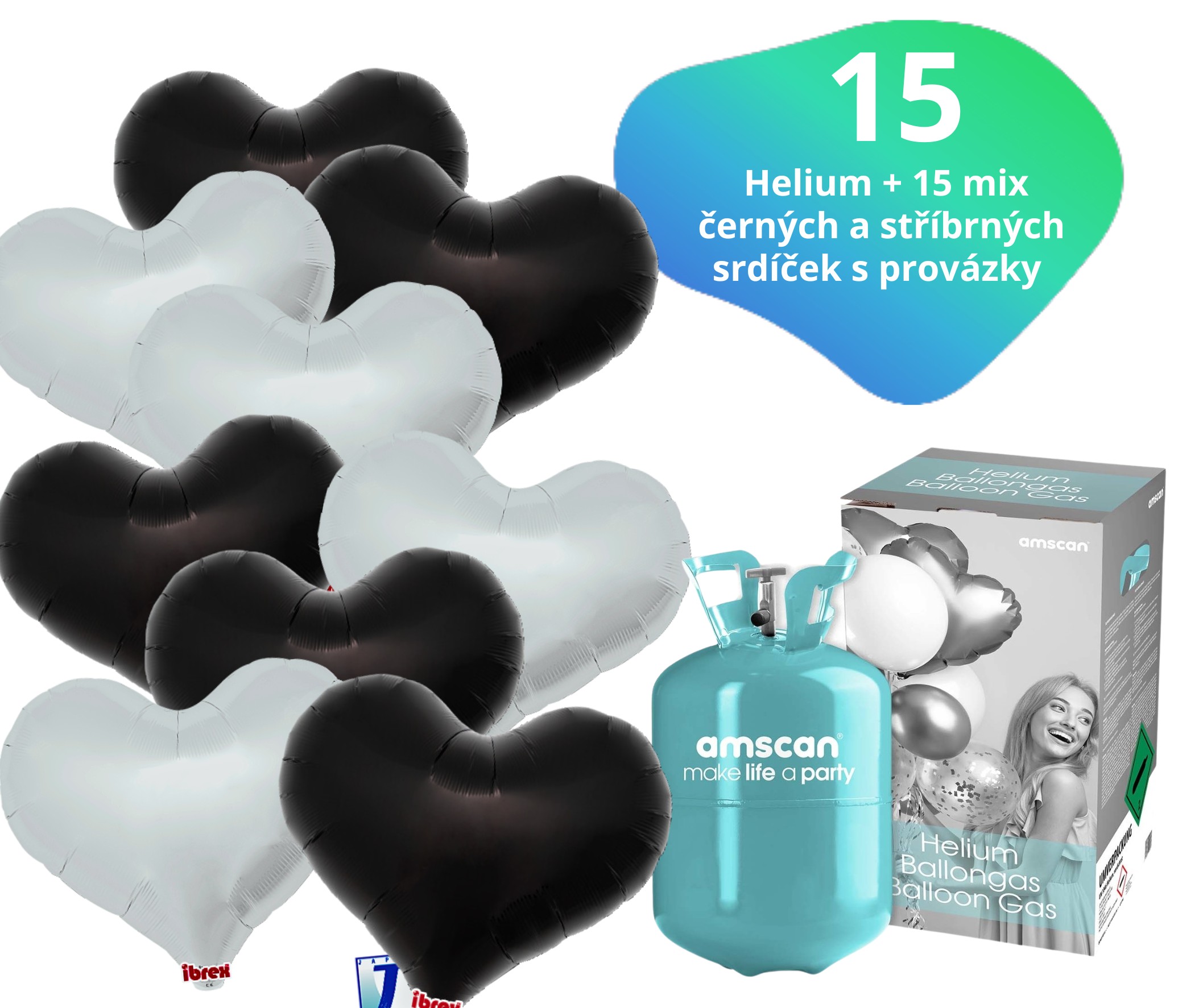 Helium set IBREX srdce stříbrné a černé 15 ks - balónky s dobou létání 30 dní