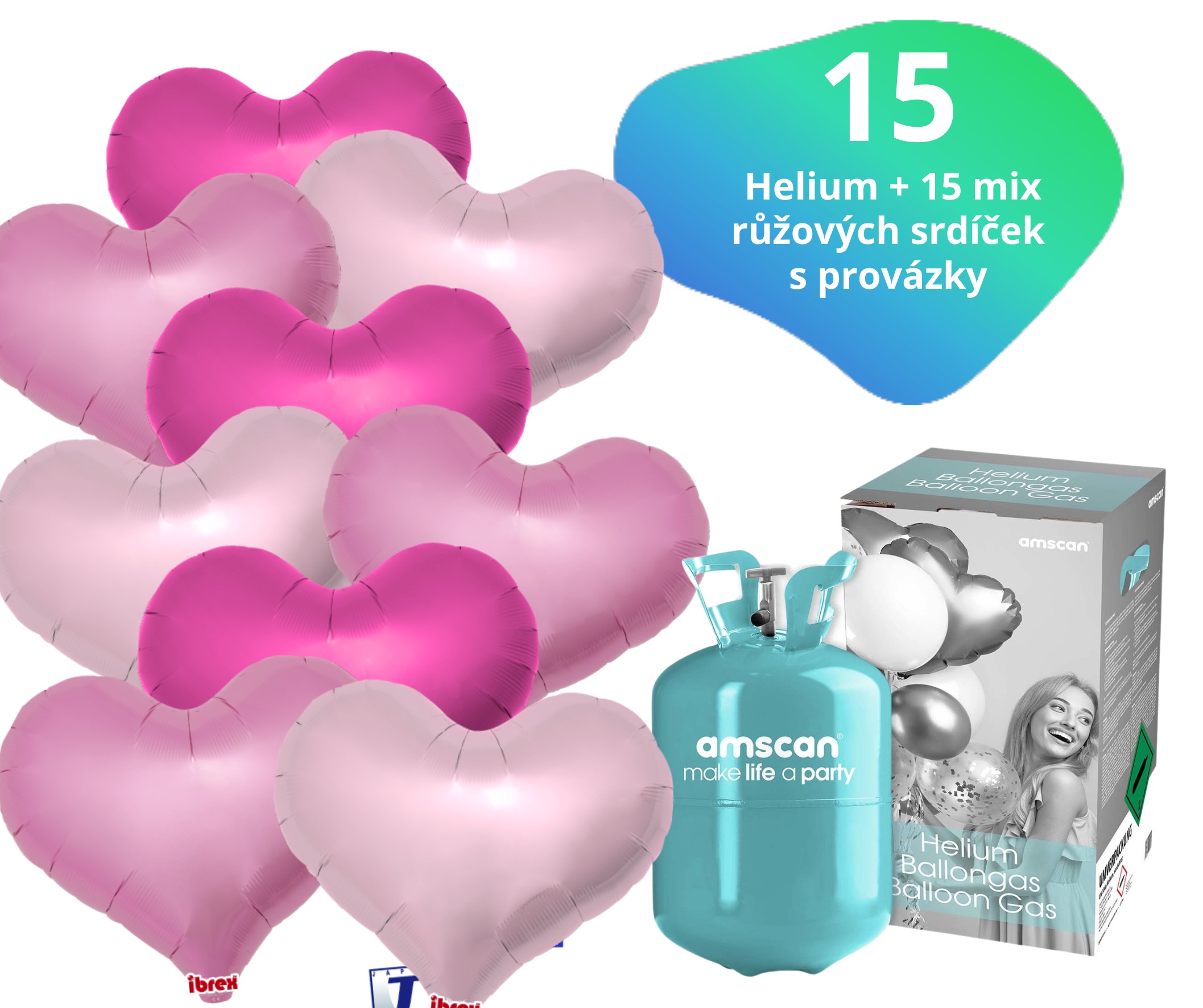 Helium set IBREX srdce růžové mix 15 ks - balónky s dobou létání 30 dní