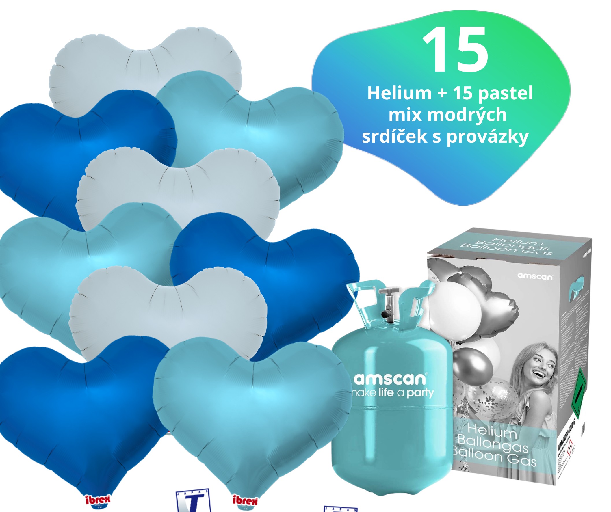 Helium set IBREX srdce modré mix 15 ks - balónky s dobou létání 30 dní